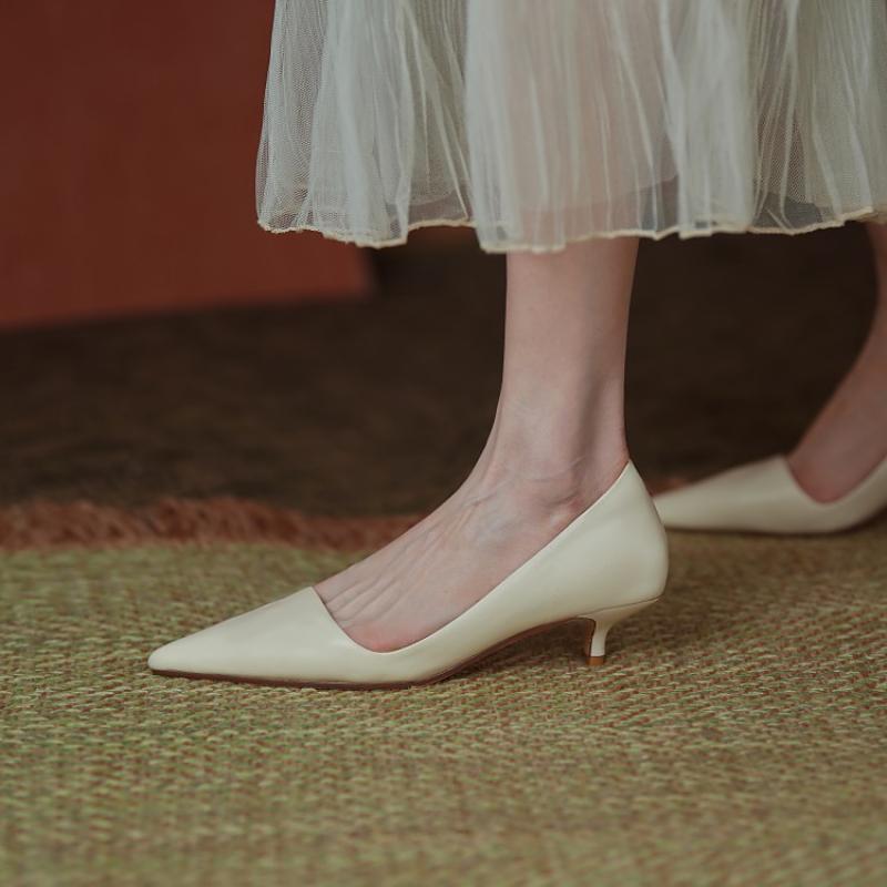 xakxx Fall Outfit Low Heel Shoes For Women Summer Leather Slip-On Office Dress Shoes Pointed Toe Female Wedding Bridal Shoes Ladies Pumps