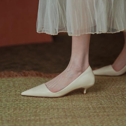 xakxx Fall Outfit Low Heel Shoes For Women Summer Leather Slip-On Office Dress Shoes Pointed Toe Female Wedding Bridal Shoes Ladies Pumps