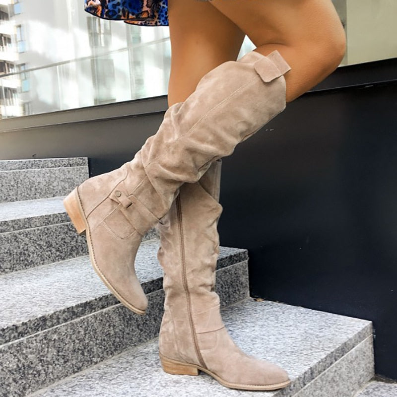 xakxx Thanksgiving Women Knee High Boots Solid Color Suede Lady Flats Winter Warm Comfortable Female Shoes Point Toe Zipper Low Heel Tall Boot