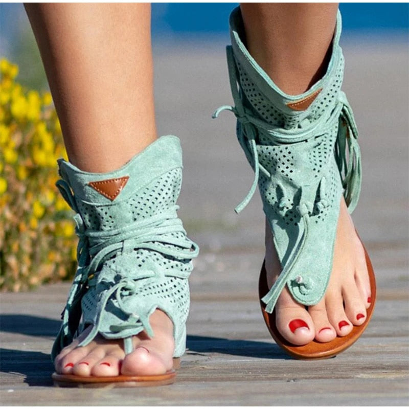 xakxx Women Retro Clip Toe Sandals Ladies Gladiator Vintage Boots Casual Tassel Rome Summer Beach Woman Shoes Female New