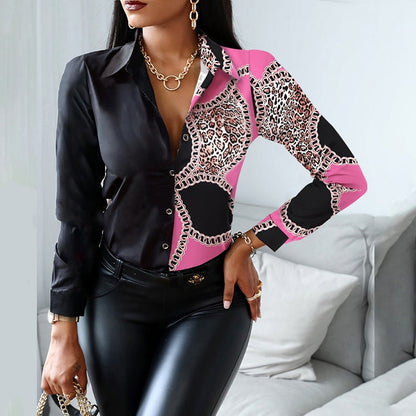 xakxx Women Fashion Shirt Lady Long Sleeve Blouse Turn-Down Collarbutton Design Print  Casual Shirts