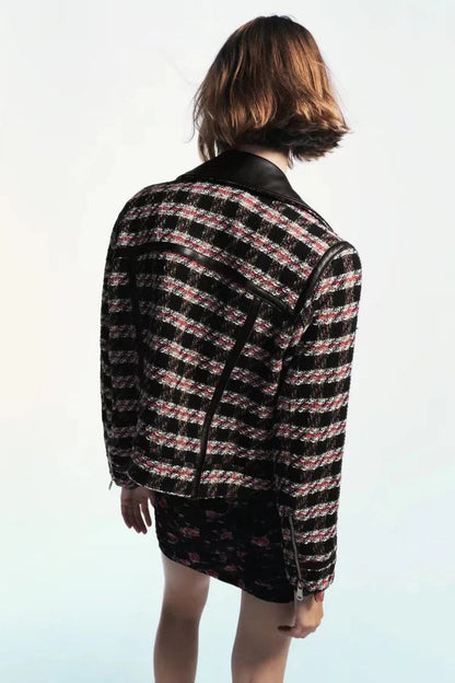 xakxx Vintage Knitted Tweed Panel Short Faux Leather Jacket Women Fashion Long Sleeve Leather Jackets Elegant PU Leather Coat