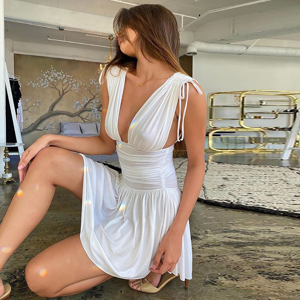 xakxx summer dresses for women  White Elegant Pleated Plunge Deep V-Neck Sleeveless Dresses Evening Club Party Christmas Women Mini Dress Clothes