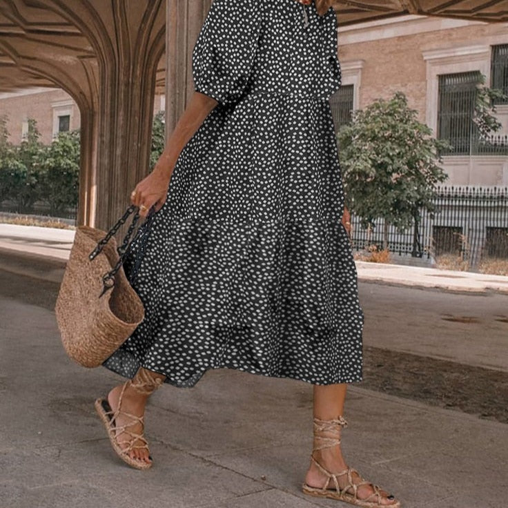 xakxx Summer Dress  Women Casual Short Sleeve Plaid Printed Sundress Loose Pleated Mid-Calf Dresses Femme Party Robe