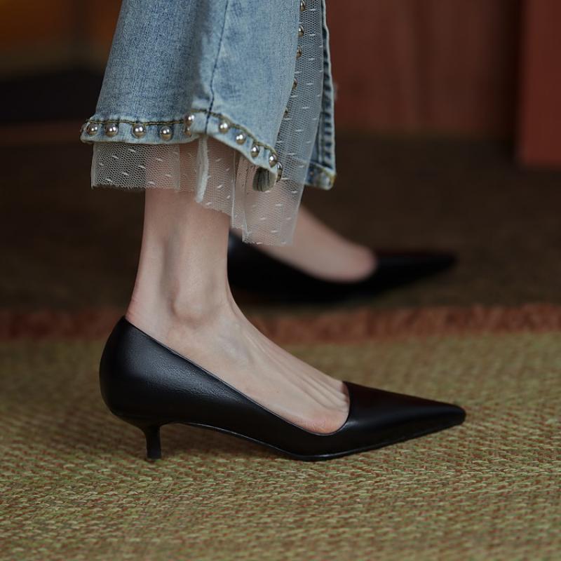 xakxx Fall Outfit Low Heel Shoes For Women Summer Leather Slip-On Office Dress Shoes Pointed Toe Female Wedding Bridal Shoes Ladies Pumps