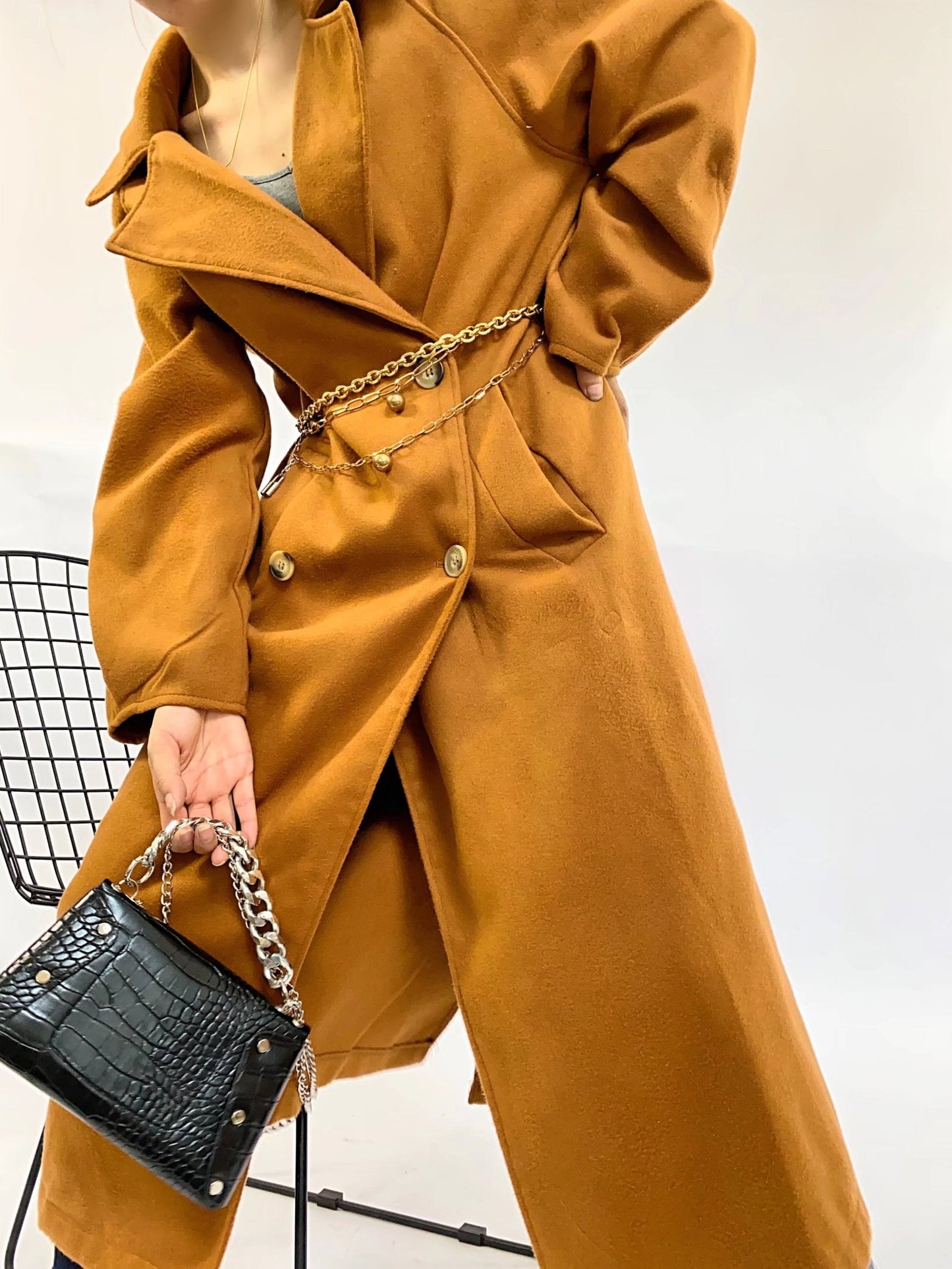 xakxx Women  Autumn New Caramel Colour Long Section Jacket Overcoat Vintage Long Sleeve Double Breasted Female Outerwear Chic Tops