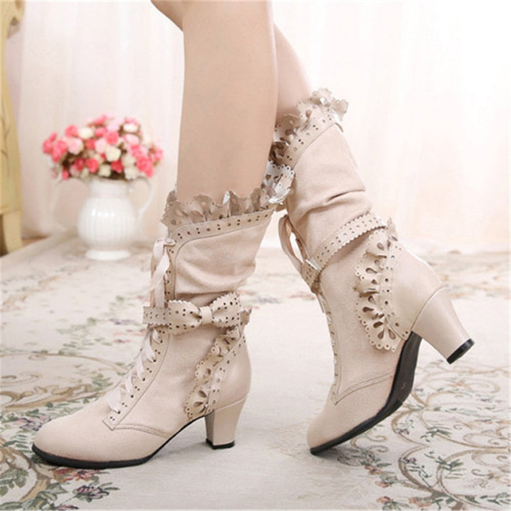 xakxx Halloween Brand New Big Size 43 Sweet Bowknot Ruffles Med Heels Shoelace Gothic Lolita Style Mid Calf Boots Women Shoes