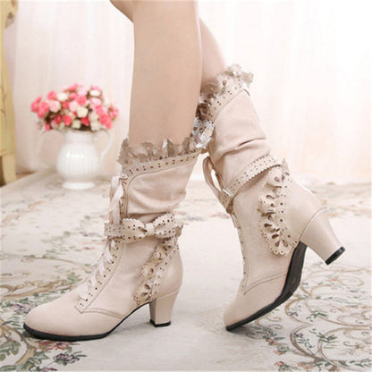xakxx Halloween Brand New Big Size 43 Sweet Bowknot Ruffles Med Heels Shoelace Gothic Lolita Style Mid Calf Boots Women Shoes