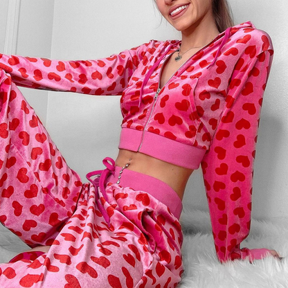 xakxx  Hooded Cropped Jackets Pink Zip Up Coats Women'S Jacket Heart Print Short Jacket Harajuku Korean Female