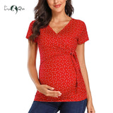 Womens Clothing Pregnancy Top Maternity Shirts Short Sleeve Polka Dot V-Neck Comformation Cute Maternity Tops