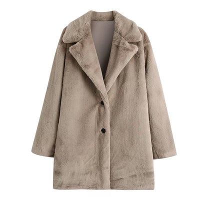 xakxx Women Faux Fur Long Coat Autumn Winter Plush Warm Soft Outerwear Elegant Slim-Fit Lapel Overcoat Casual Button Jacket