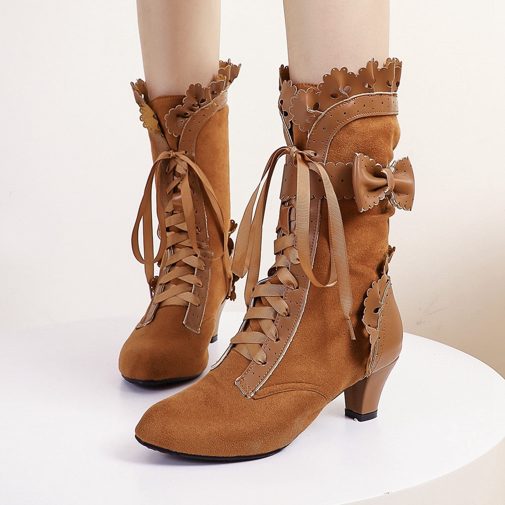 xakxx Halloween Brand New Big Size 43 Sweet Bowknot Ruffles Med Heels Shoelace Gothic Lolita Style Mid Calf Boots Women Shoes