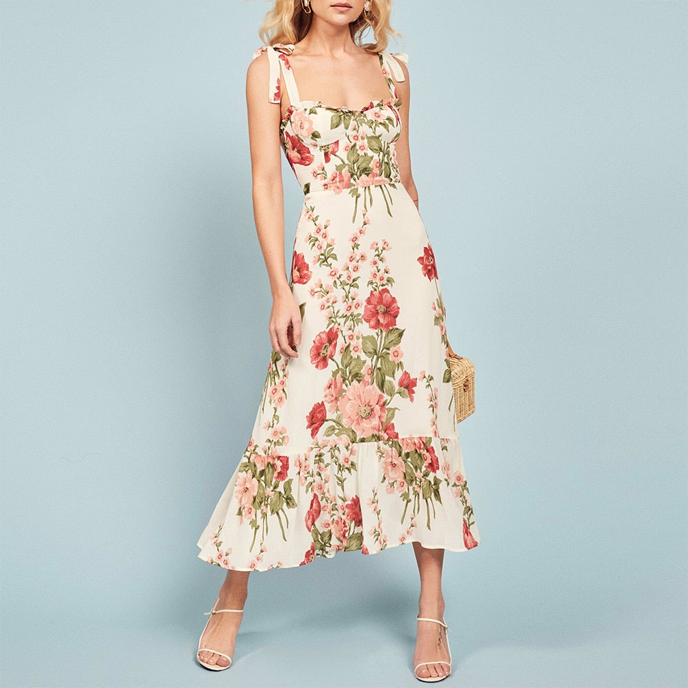 xakxx Dresses For Women Party Elegant Ruffle Hem Beach Summer Dress Sweetheart Neck Tie Strap Tropical Print Chiffon Midi Dress
