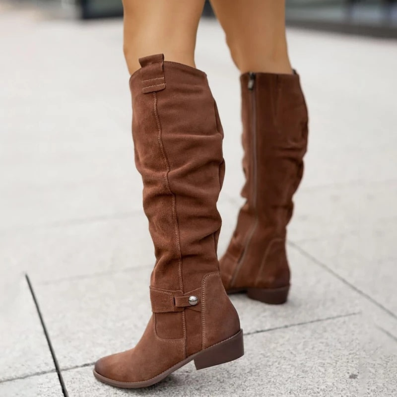 xakxx Winter Warm Women Boots Vintage Suede Shoes Lady Buckle Mid-Calf Boot Thick Low Heel Zipper Female Pointed Booties Outdoor