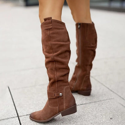 xakxx Winter Warm Women Boots Vintage Suede Shoes Lady Buckle Mid-Calf Boot Thick Low Heel Zipper Female Pointed Booties Outdoor
