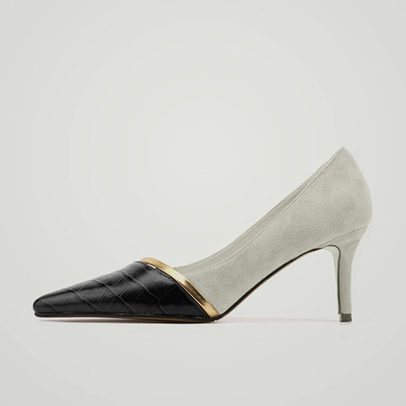 xakxx Autumn Women High Heels Pointed Toe Ladies Pumps Shoes Patchwork PU Leather Elegant Stiletto Women's Shoes
