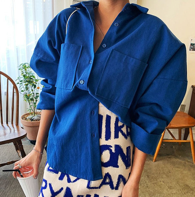 xakxx Thanksgiving Autumn New Korean Casual Solid Color Loose Double Pocket Shirt Casual Women Solid Cotton Long Sleeve Blouse Blusas Mujer 1281