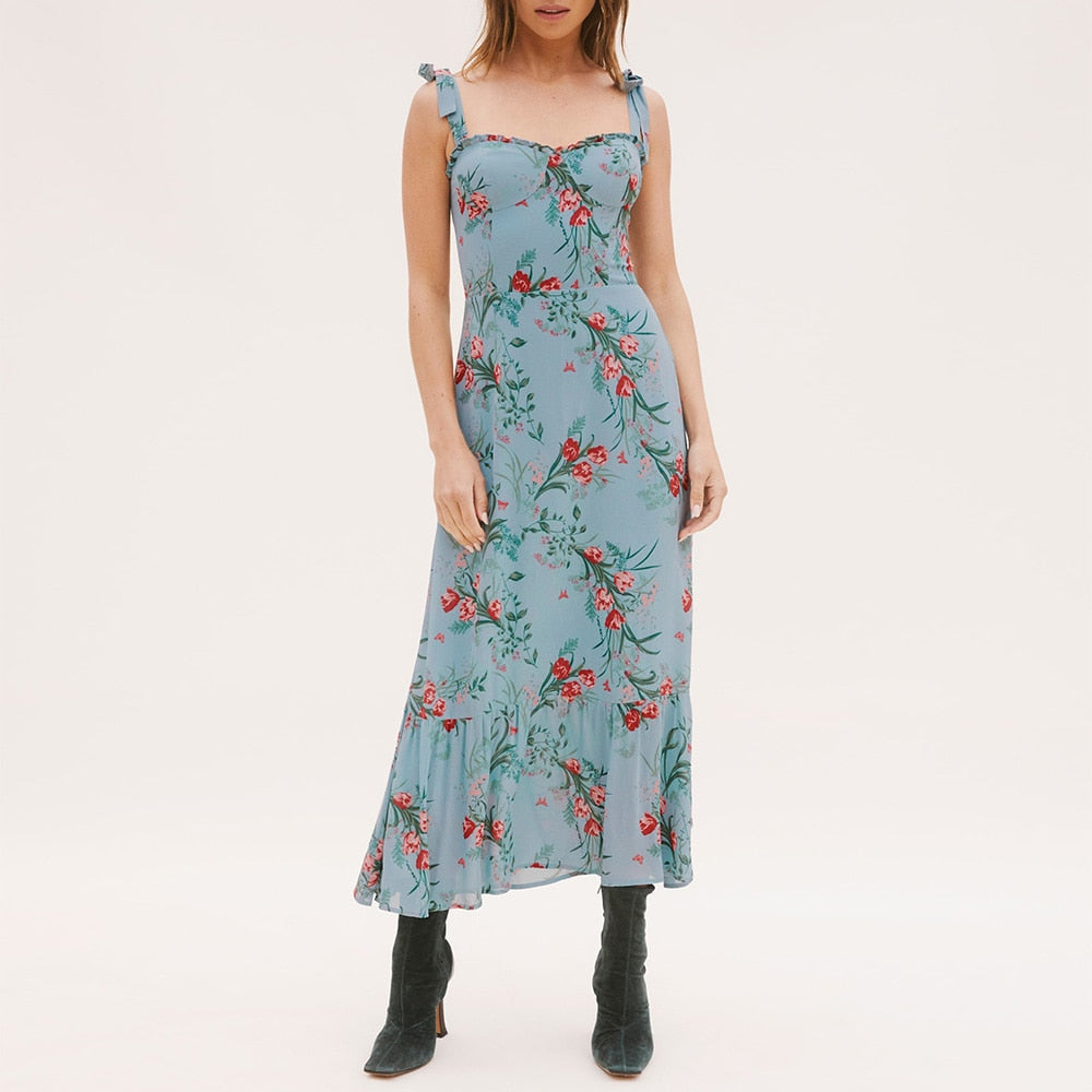 xakxx Dresses For Women Party Elegant Ruffle Hem Beach Summer Dress Sweetheart Neck Tie Strap Tropical Print Chiffon Midi Dress