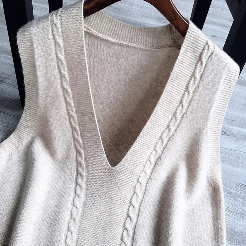 xakxx xakxx-New 100%Pure Wool Cashmere Vest Women V-Neck Thick Sleeveless Wild Sweater Autumn Large Size Waistcoat Knit Vest Pullover