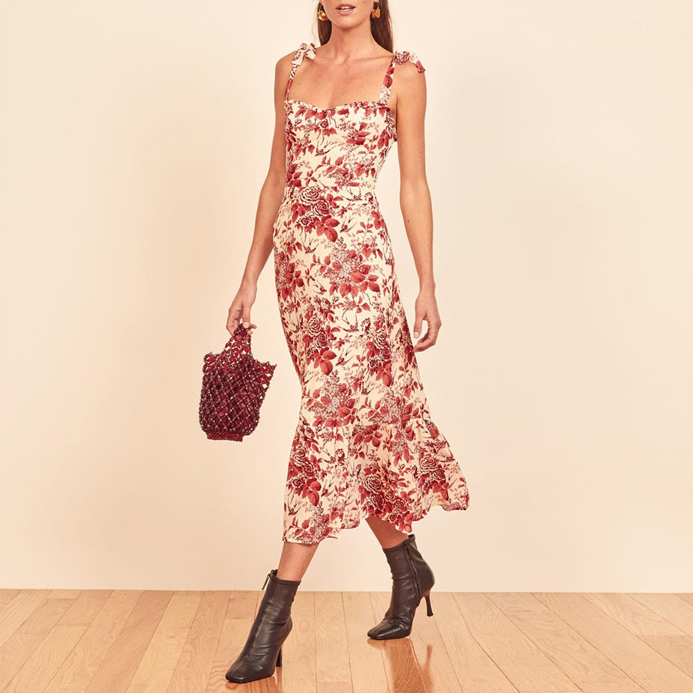 xakxx Dresses For Women Party Elegant Ruffle Hem Beach Summer Dress Sweetheart Neck Tie Strap Tropical Print Chiffon Midi Dress