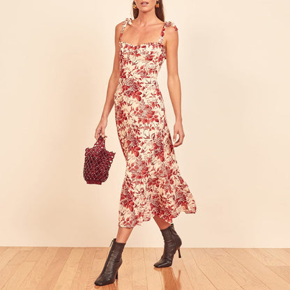 xakxx Dresses For Women Party Elegant Ruffle Hem Beach Summer Dress Sweetheart Neck Tie Strap Tropical Print Chiffon Midi Dress