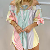 xakxx Back to School  Women Fashion Striped Print Shirt Lady Long Sleeve Blouse Off Shoulder Ruched Button Design Casual Tops