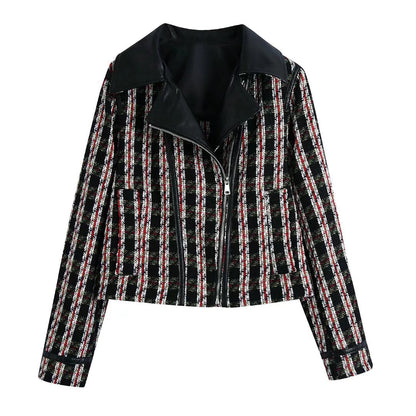 xakxx Vintage Knitted Tweed Panel Short Faux Leather Jacket Women Fashion Long Sleeve Leather Jackets Elegant PU Leather Coat