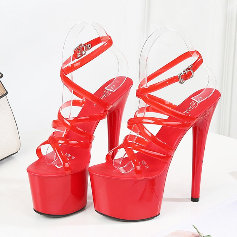 xakxx Walking Show Stripper Heels Clear Shoes Woman Platforms High Heels Sandals Women Sexy Big Yard Fish Mouth Shoes  New Crystal