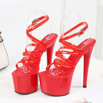 xakxx Walking Show Stripper Heels Clear Shoes Woman Platforms High Heels Sandals Women Sexy Big Yard Fish Mouth Shoes  New Crystal