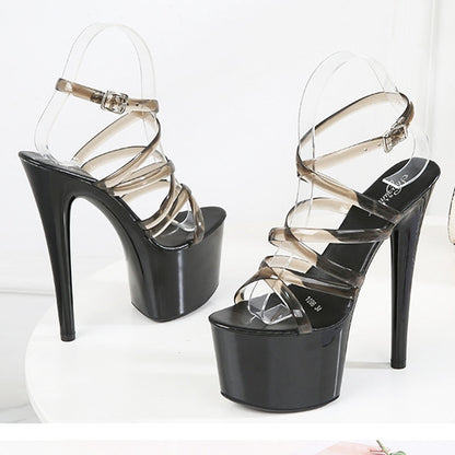 xakxx Walking Show Stripper Heels Clear Shoes Woman Platforms High Heels Sandals Women Sexy Big Yard Fish Mouth Shoes  New Crystal