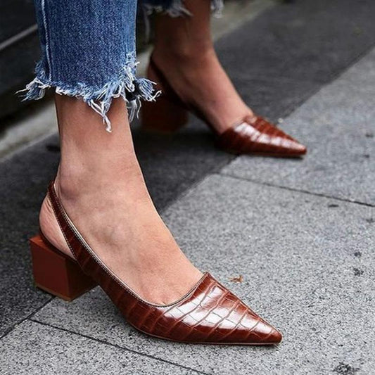xakxx Women's Mid Heeled Shoes Retro Crocodile Pattern Pumps For Women Pointed Toe Office Ladies Sandals Summer Female Shoes