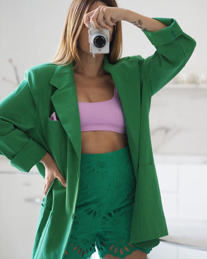 xakxx Women Fashion Loose Blazer Mujer Double Pockets Single Breasted Chic Suit Jacket Ladies Green Streetwear Outerwear