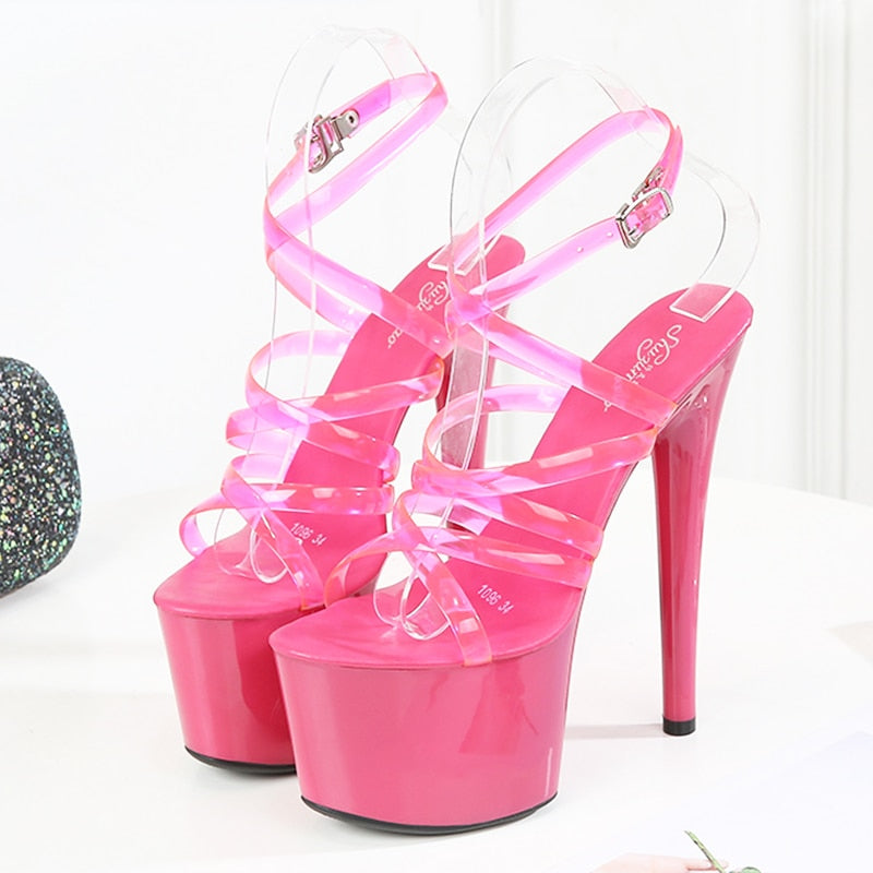 xakxx Walking Show Stripper Heels Clear Shoes Woman Platforms High Heels Sandals Women Sexy Big Yard Fish Mouth Shoes  New Crystal