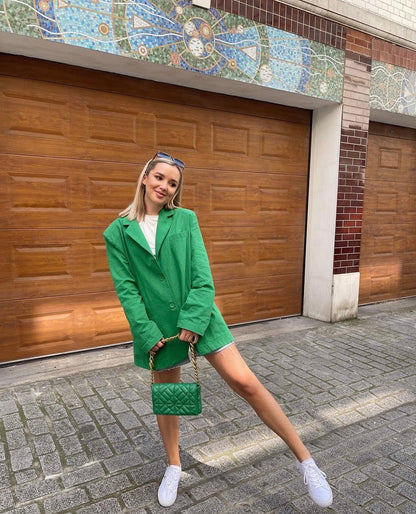xakxx Women Fashion Loose Blazer Mujer Double Pockets Single Breasted Chic Suit Jacket Ladies Green Streetwear Outerwear