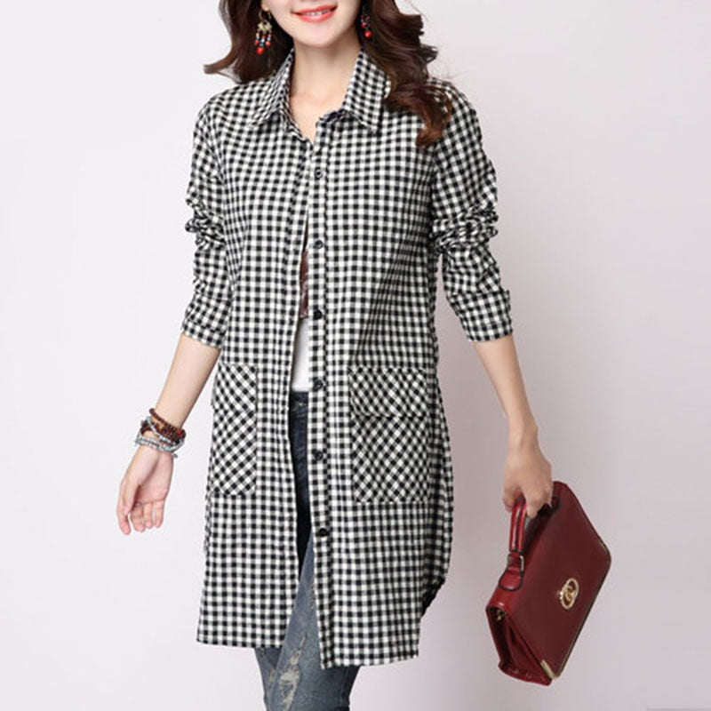 xakxx Thanksgiving  New Female Plaid Long-Sleeved Shirt And Long Shirt Wide Shirts Women Casual Cotton Linen Shirt Tops Blusas