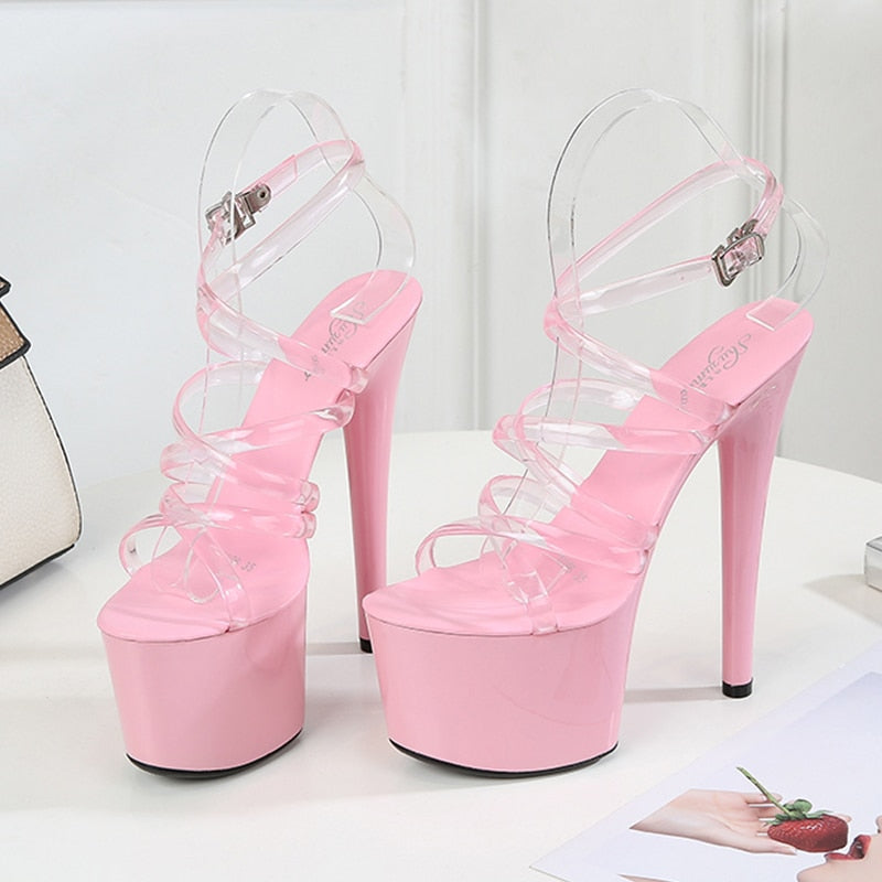 xakxx Walking Show Stripper Heels Clear Shoes Woman Platforms High Heels Sandals Women Sexy Big Yard Fish Mouth Shoes  New Crystal