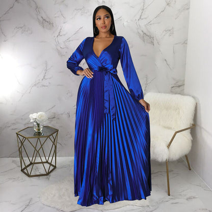 xakxx Celmia Elegant Satin Dress Women Sexy V Neck Bandage Maxi Sundress Solid Casual Ruffled Long Sleeve Party Long Vestido Robe