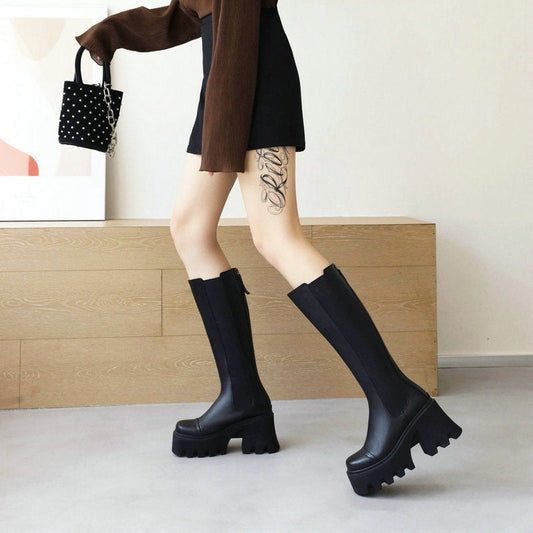 xakxx Goth Boots Women Knee High Boots Platform Plus Size Chunky Heel Black Fall Punk Fur Boots Office Lady Soft Leather Street