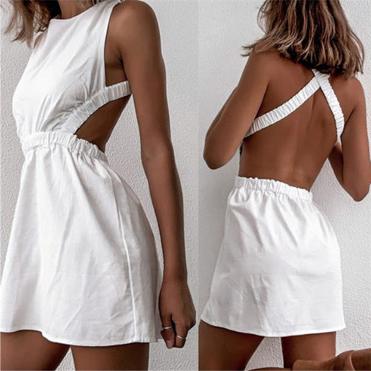 xakxx Women Summer Solid Color Pencil Dress Cross Bandage Design Shrinkage Elastic Waist Sleeveless Backless Slim Hips Mini Dress