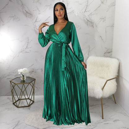 xakxx Celmia Elegant Satin Dress Women Sexy V Neck Bandage Maxi Sundress Solid Casual Ruffled Long Sleeve Party Long Vestido Robe