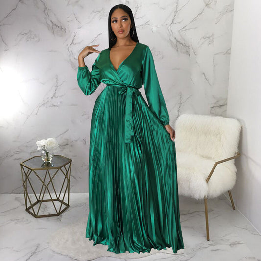 xakxx Celmia Elegant Satin Dress Women Sexy V Neck Bandage Maxi Sundress Solid Casual Ruffled Long Sleeve Party Long Vestido Robe
