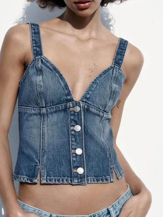 xakxx xakxx -  new casual hundred with Ruili thin halter tight sexy heart-shaped collar straps button decorated undershirt denim tops