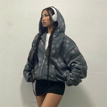 xakxx Vintage Star Pattern Hoodie Women Men Fairy Grunge Long Sleeve Zipper Jacket Harajuku Oversize Sweatshirt Streetwear Y2K Clothes