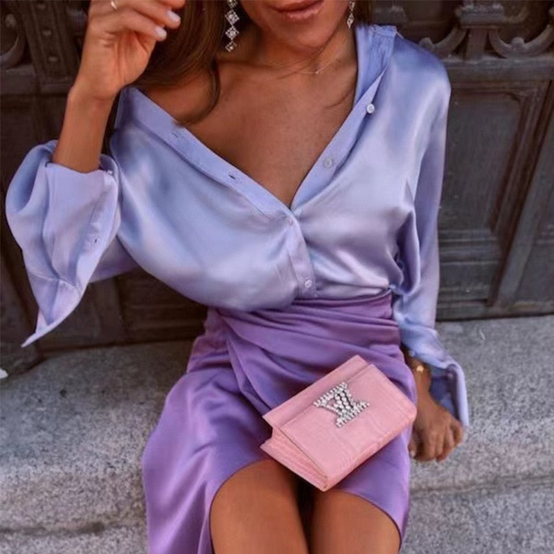 xakxx Satin Long Sleeve Blouses Women  Vintage Blue Green Silk Shirt Women Casual Loose Button Up Down Shirts Elegant Tops 18913