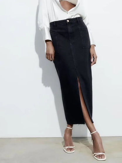 xakxx xakxx - Summer new women's clothing  retro fashion casual raw edge slim high waist denim mid-length skirt