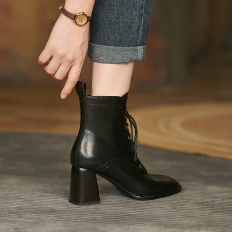 xakxx Black Friday  Fashion Women Shoes Square Toe High Heel Shoes For Women Black Leather Boots Women Lace Up Modern Boots Winter Women Boots