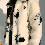 xakxx Black Fridy Black White Cow Pattern Faux Mink Fur Coat Womens Elegant Winter Short Turn-Down Collar Coats Korean Soft Tops Woman