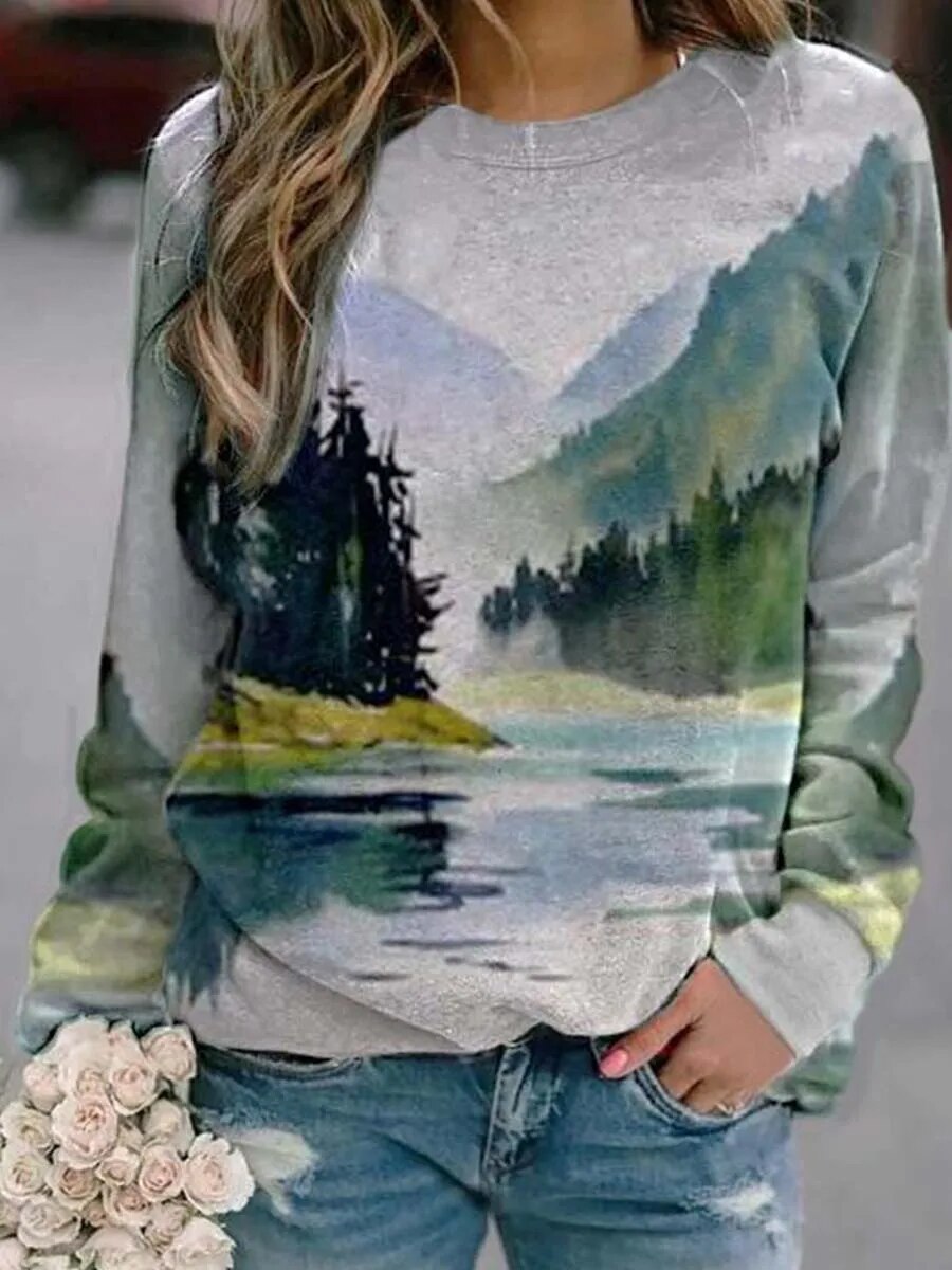 xakxx- Art Graphics T Shirt Women Loose Long Sleeve Sports Sweatshirt Female Natural Scenery Printed Tops Autumn Clothing