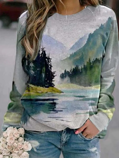 xakxx- Art Graphics T Shirt Women Loose Long Sleeve Sports Sweatshirt Female Natural Scenery Printed Tops Autumn Clothing