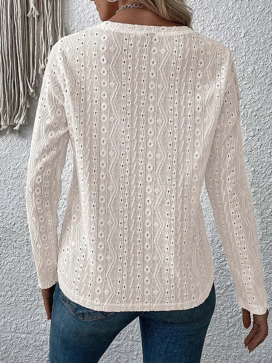 xakxx- Basic Leisure Blouse Women Hollow Out Top Solid Round Neck Pullover Long Sleeve Spring Autumn Female T-Shirts Mujer Tees